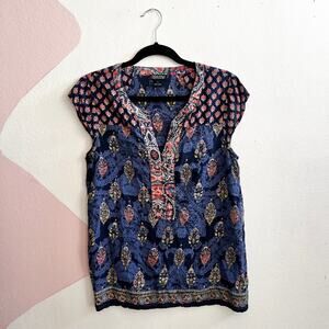 Lucky Brand Peasant Top Women's Size Small Blue Boho‎ Paisley Print